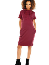 Maternity and nursing dress with concealed zipper and high neck