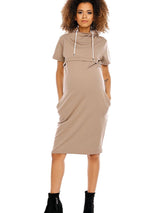 Maternity and nursing dress with concealed zipper and high neck