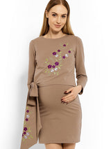Fitted maternity tunic with double layer for breastfeeding and floral embroidery