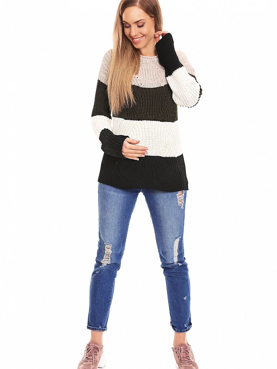 Jersey premamá de punto grueso con rayas de colores y diseño calado