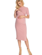 Elegant maternity dress with a classic cut and a nursing opening.