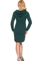 Maternity and nursing dress with hood and adjustable tie